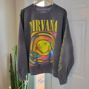 Nirvana Washed Grey Smiley Face Graphic Oversized Crewneck, Size S/M